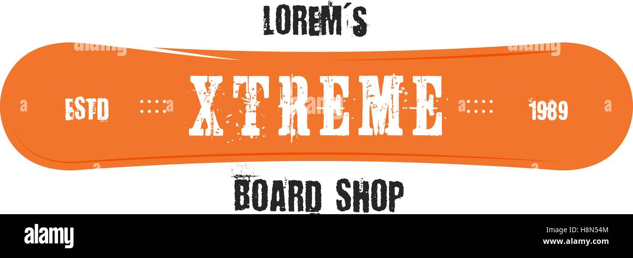 Extreme snowboarding shop logo and label template. Winter snowboard sport store badge. Emblem and patch. Mountain adventure insignia, board element. Vector vintage color design. Orange palette Stock Vector
