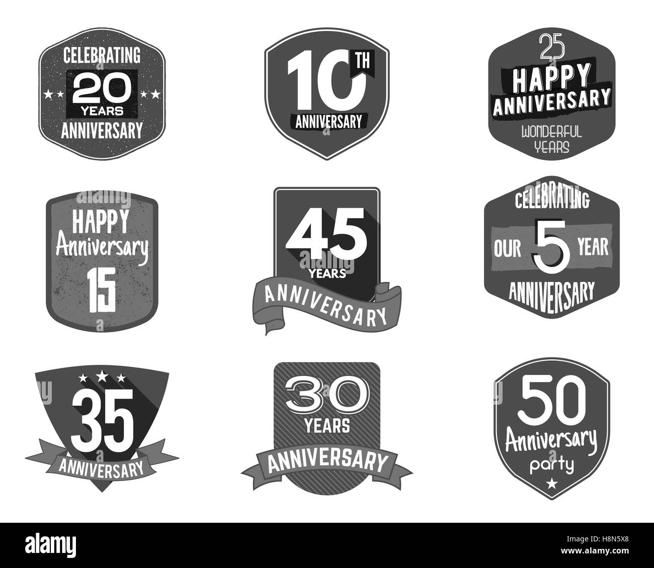 Anniversary badge set. Illustration of anniversary signs and emblems. Flat anniversary logo designs in flat and retro styles. Easy to edit and use your number, text. Anniversary stamp vector isolated Stock Vector