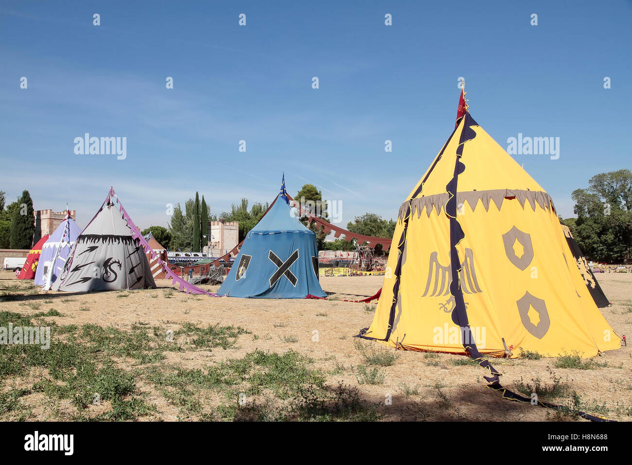 outdoor scene with some tents in the recreation of a medieval military ...