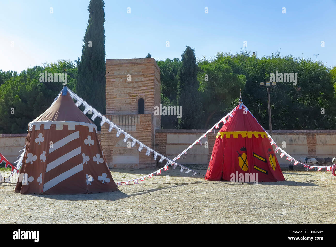 outdoor scene with some tents in the recreation of a medieval military ...