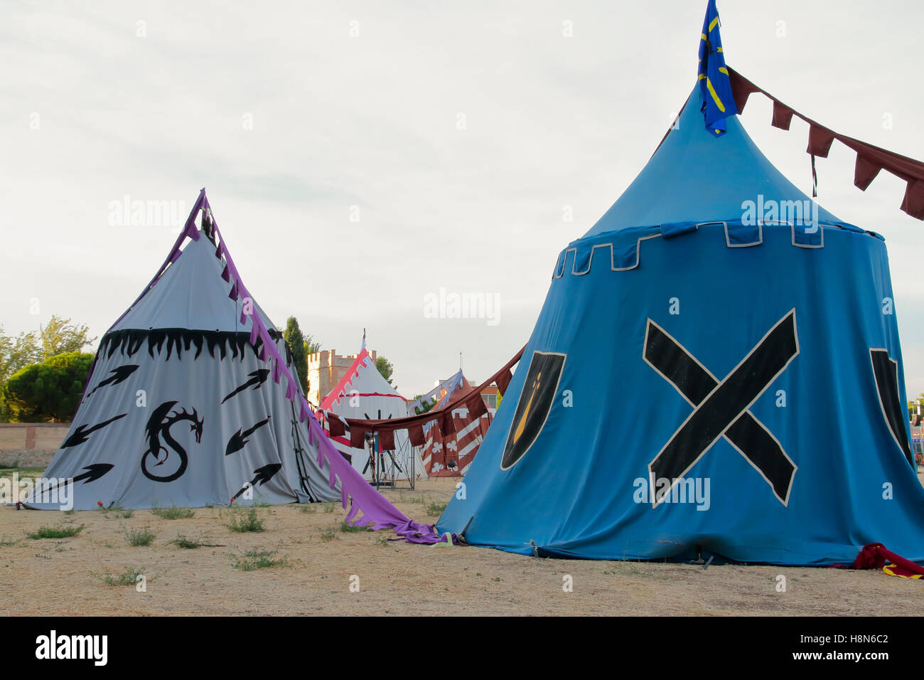 outdoor scene with some tents in the recreation of a medieval military ...