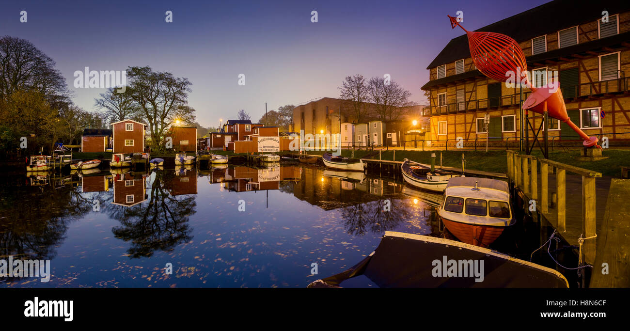 Waterfront Fiskehoddorna seafood market at night, Sweden Stock Photo