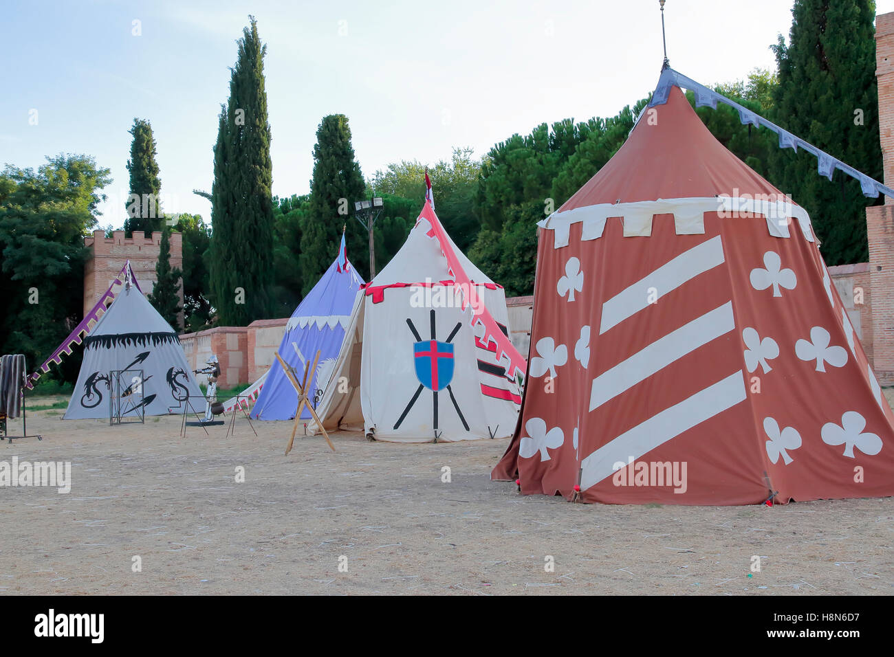 outdoor scene with some tents in the recreation of a medieval military ...