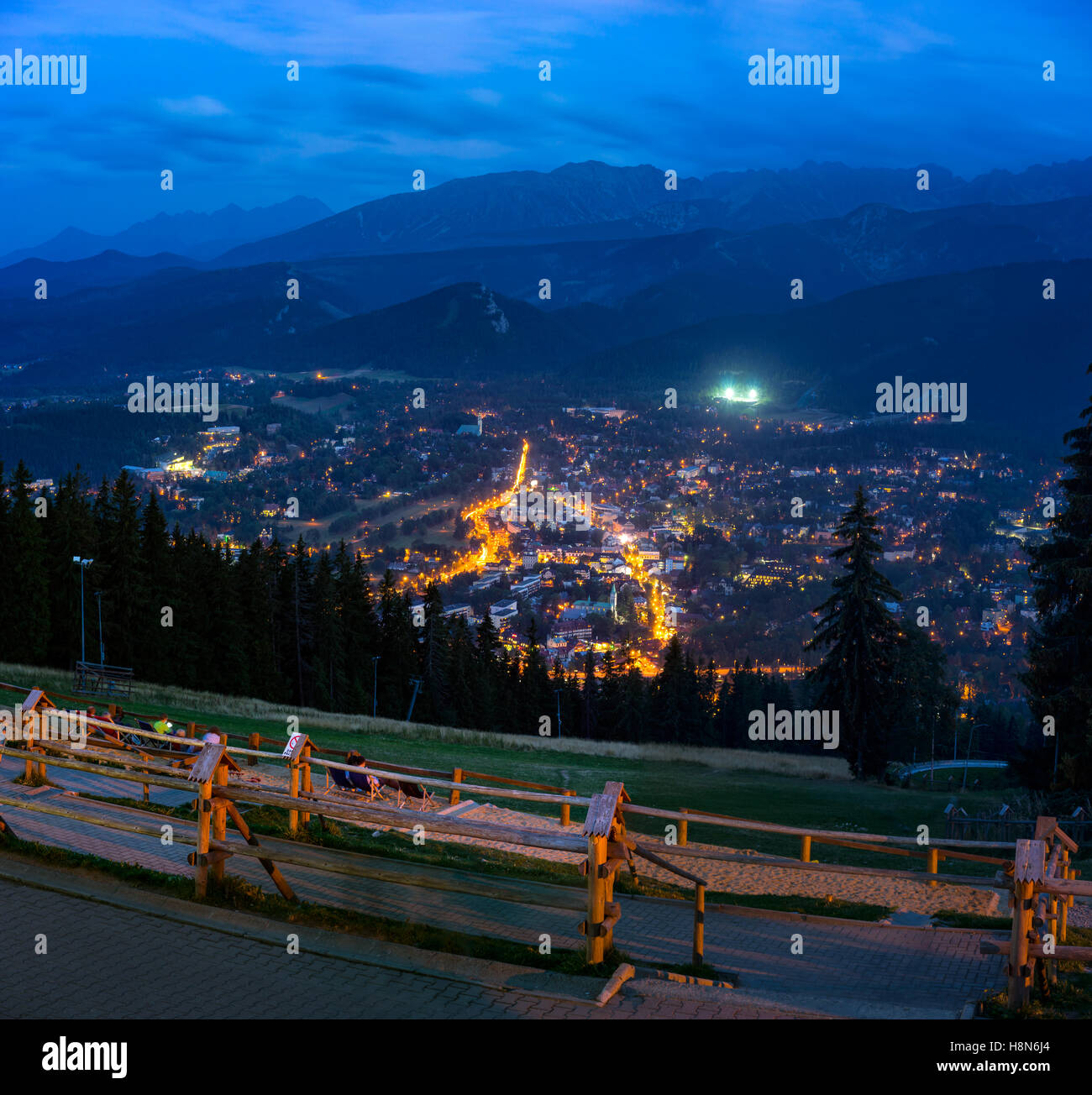 Nightscape of Tatra Mountains and Zakopane from Gubalowka Hill, Poland Stock Photo