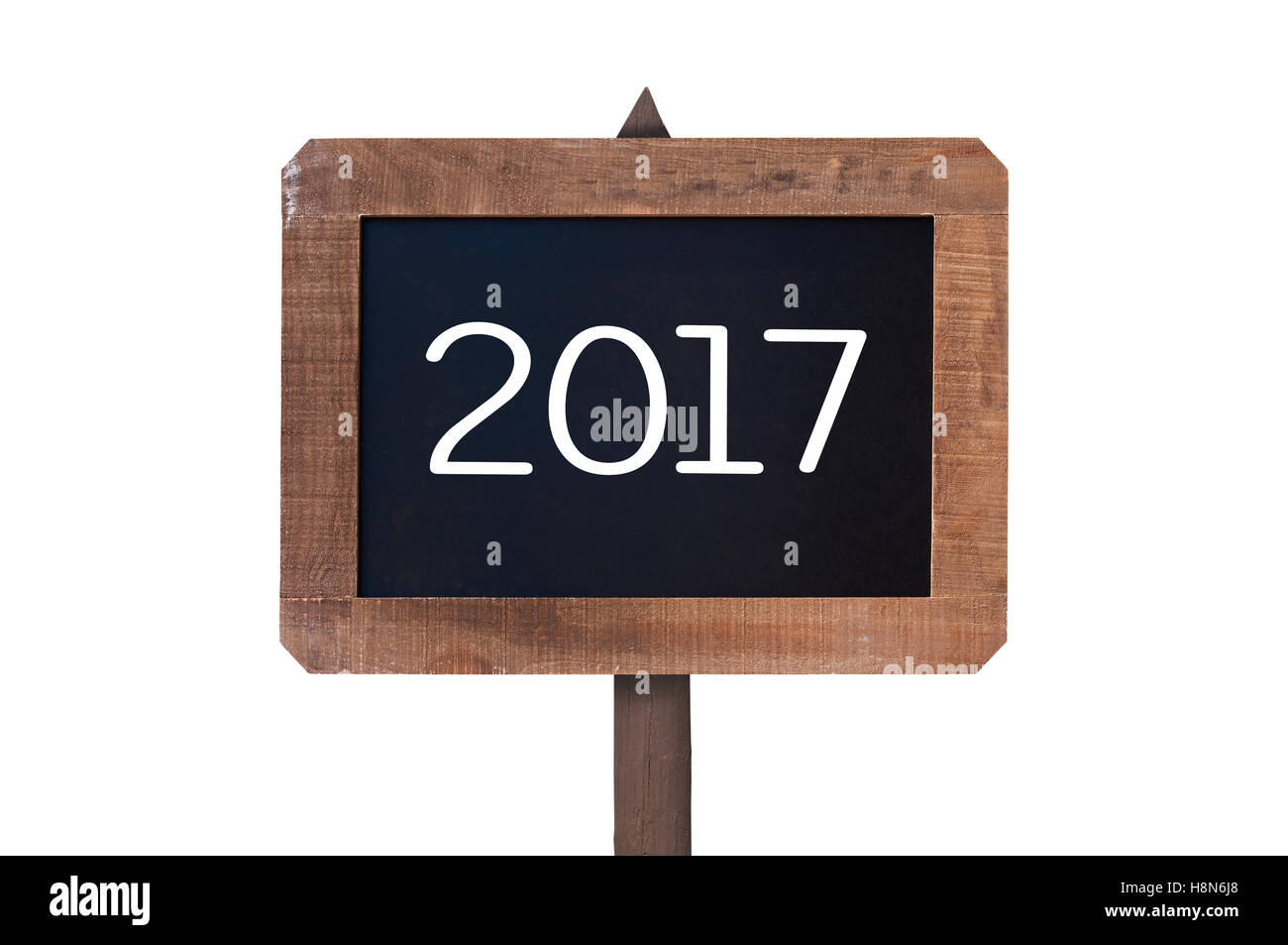 2017 written on a vintage wooden post sign isolated on white background Stock Photo