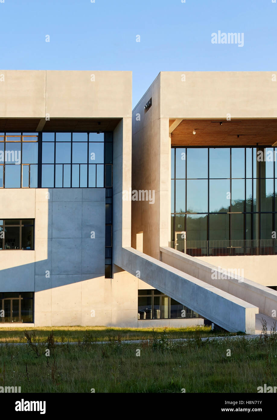 Partial view of rear with concrete ramp. Moesgaard Museum, Aarhus, Denmark. Architect: Henning Larsen, 2015. Stock Photo