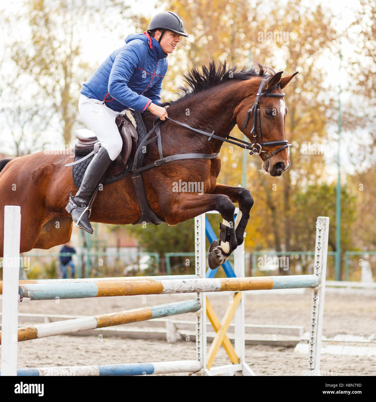 Young horseman on show jumping competition. Rider with sorrel horse
