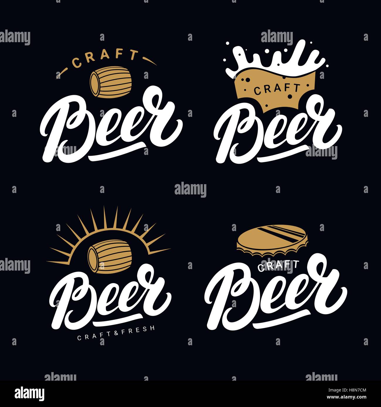 Set of beer hand written lettering logos, labels, badges for beerhouse, brewing company, pub, bar. Stock Vector