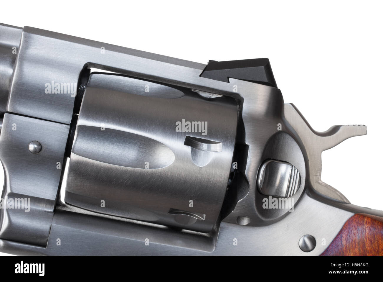 Steel cylinder in a double action revolver isolated on white Stock Photo