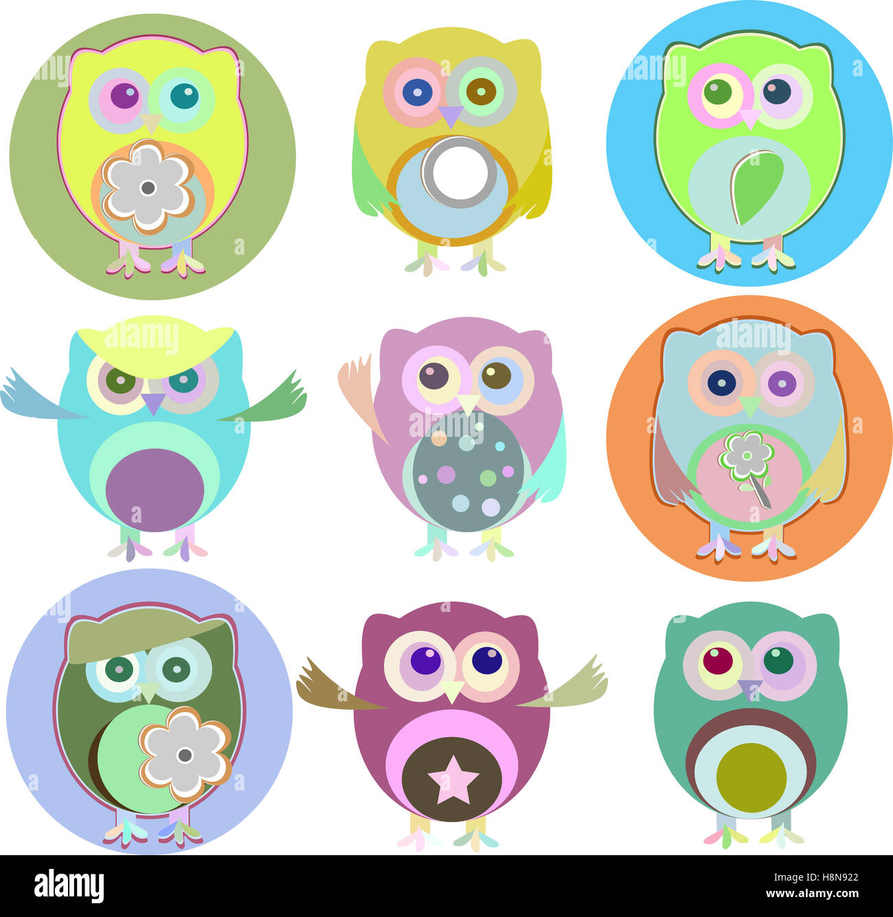 colorful owls with nine color combinations isolated on white Stock ...