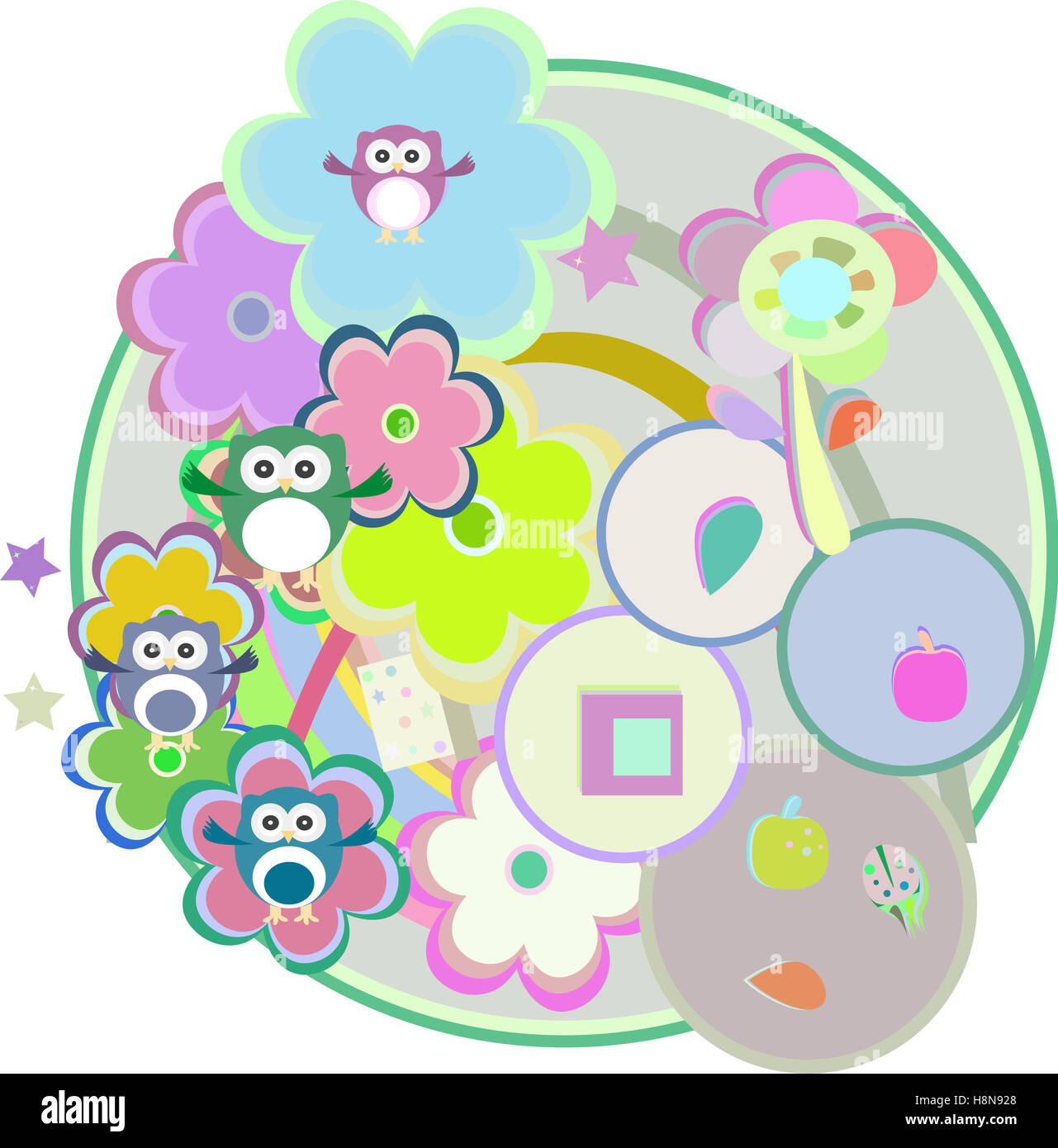 birthday party card with cute birds, owl family and flowers Stock Photo ...