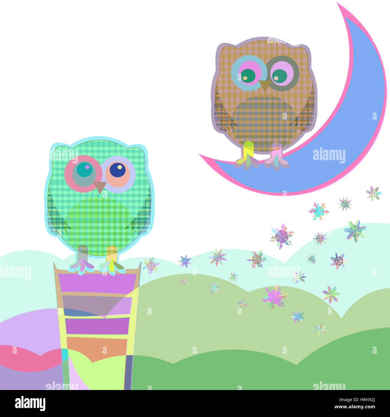 Card with two owls on branch at day, vector illustration Stock Photo ...