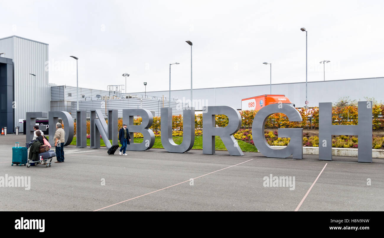 Edinburgh Airport sign outside arrivals hall terminal building, Scotland, UK  Model Release: No.  Property Release: No. Stock Photo