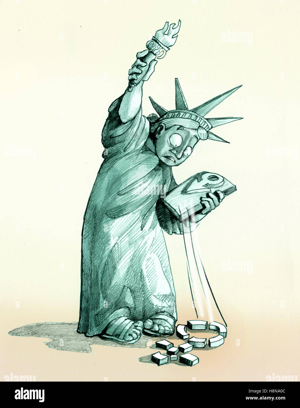 The Statue of Liberty looks shocked the woman's symbol that has dropped