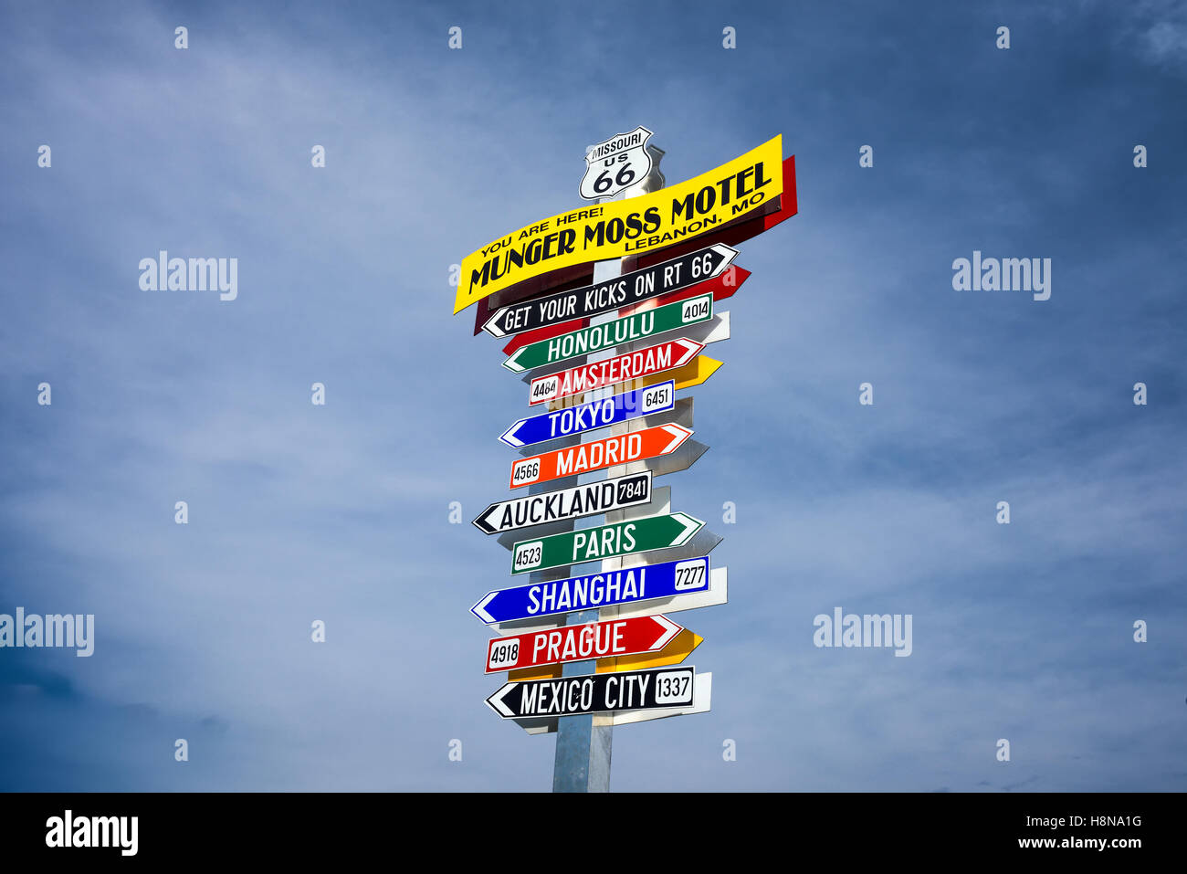 Funny direction signpost at the Munger Moss Motel with names of famous cities worldwide Stock Photo