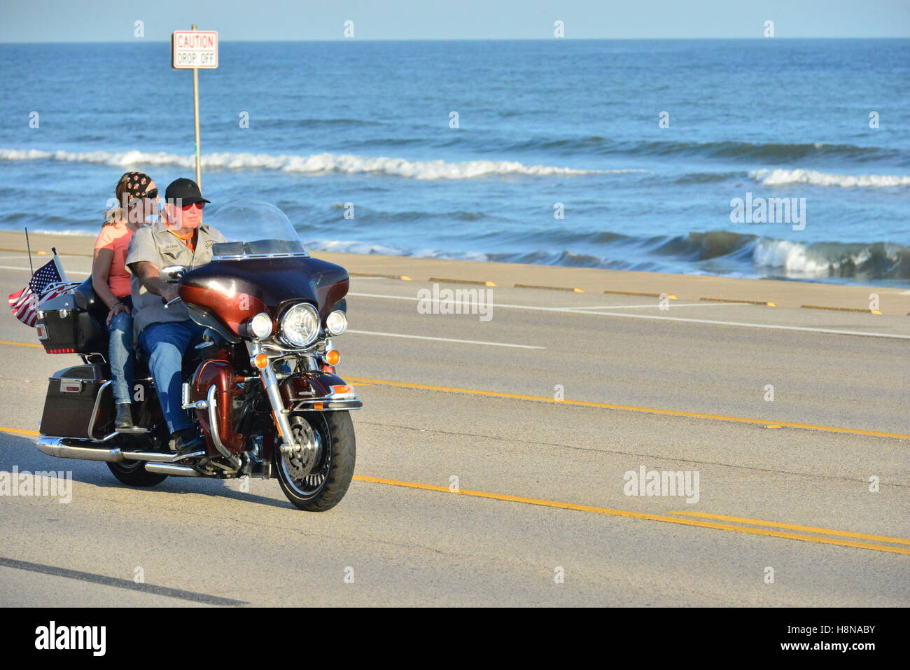 A motorcyclist at Galveston, Texas, USA Stock Photo