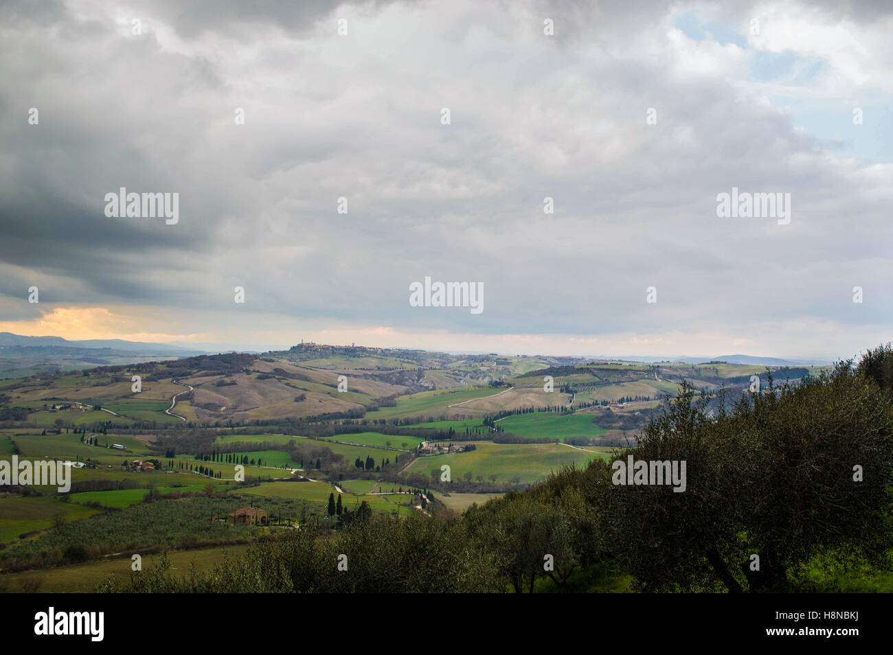 A view over the land of Siena, big city of Toscana, from a little village in its province: Montepulciano Stock Photo