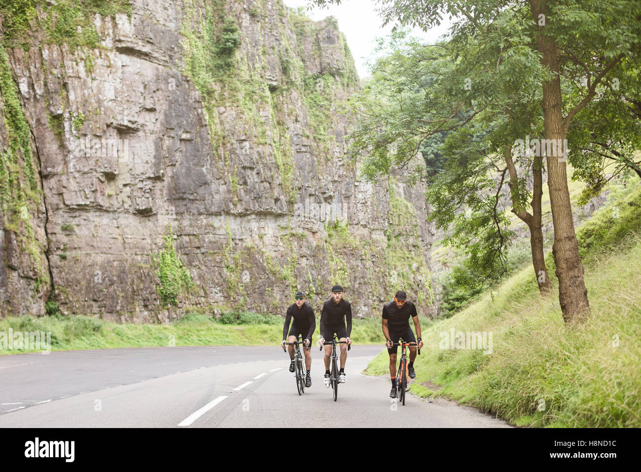 A group of road cyclists take on Cheddar George, U.K Stock Photo