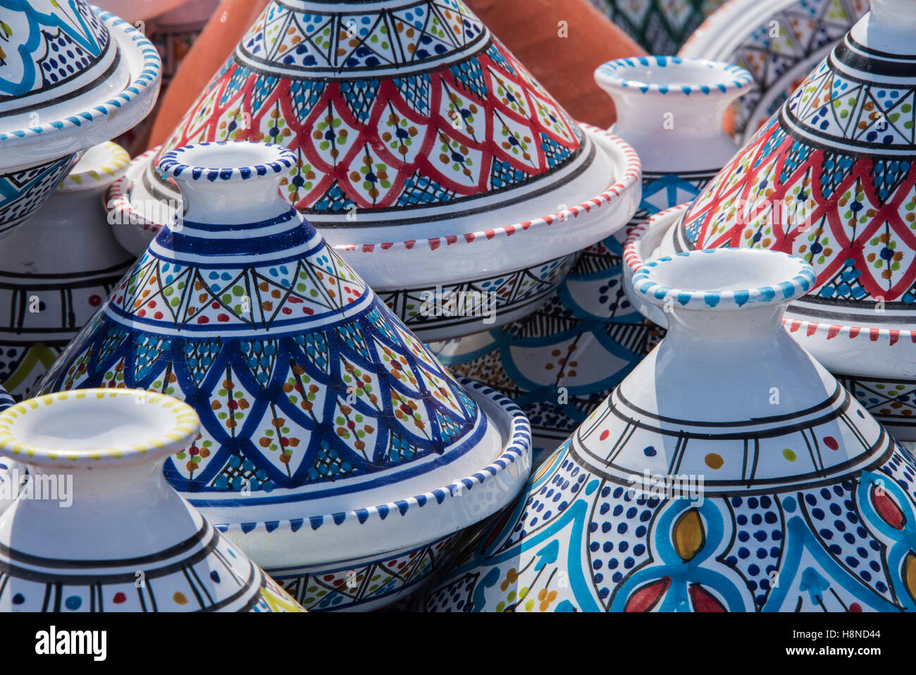 Moroccan couscous pots on sale at a stall near the beach, Erice, Sicily