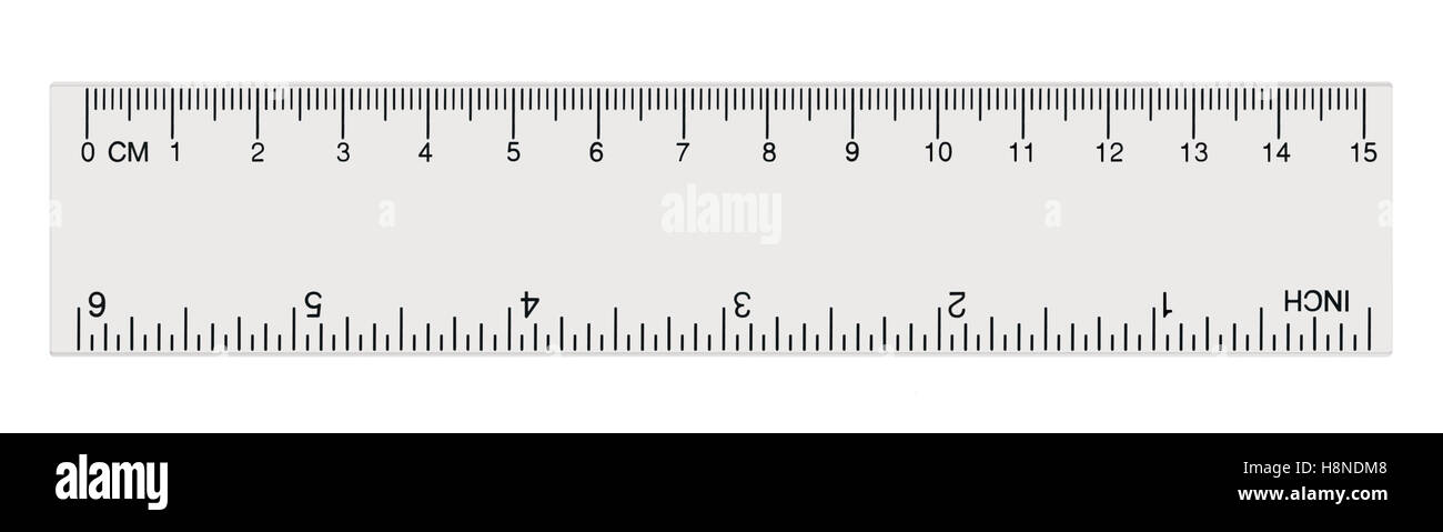 White transparent ruler, isolated inch and centimetre, inches, centimeters, centimetres, millimeters, millimetres, imperial Stock Photo