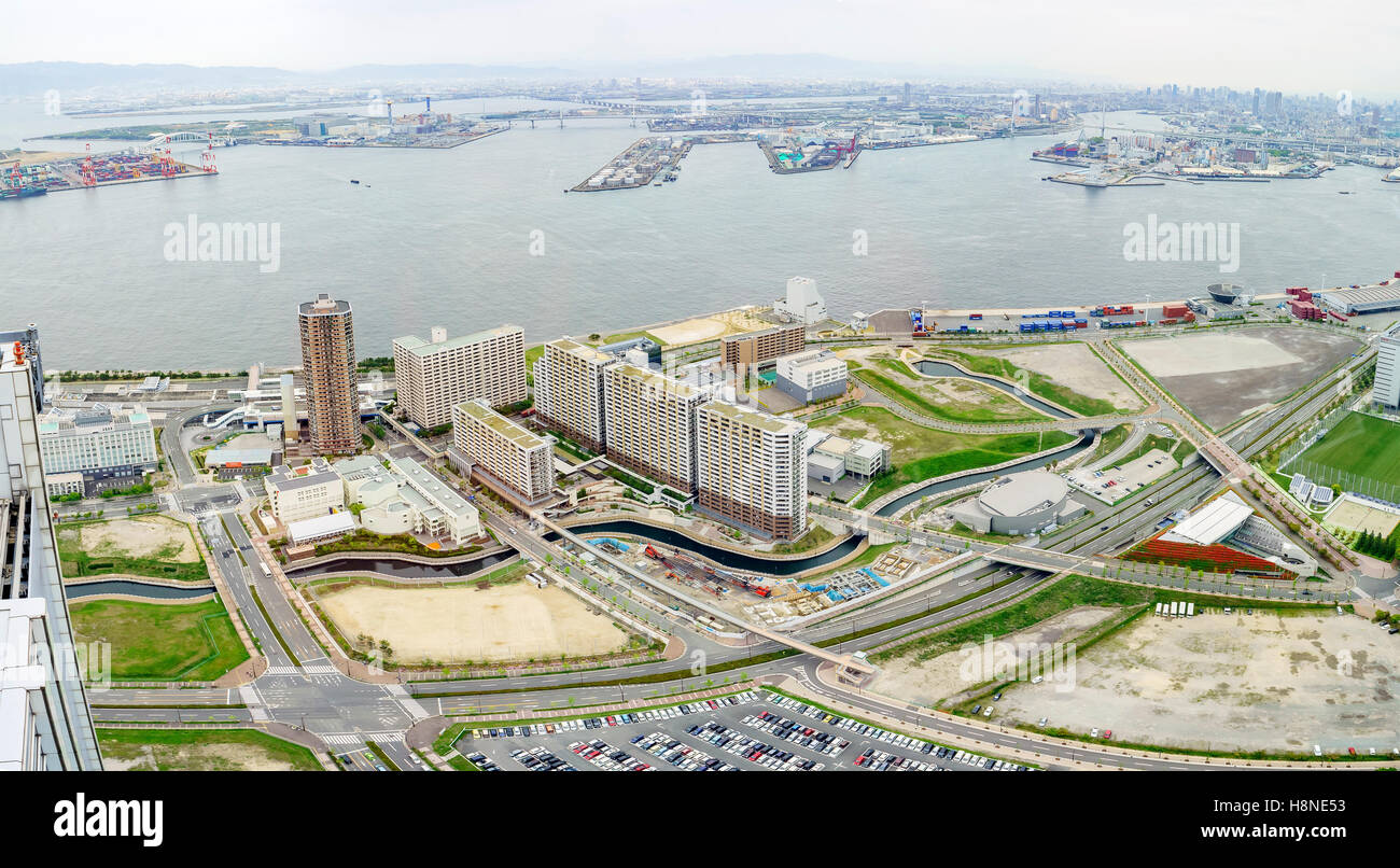 Beautiful aerial view of Osaka port cityscape from Cosmo Tower Observatory Stock Photo