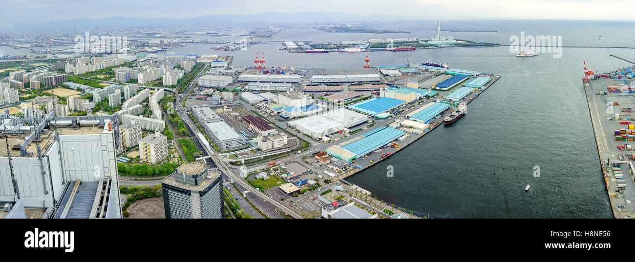 Beautiful aerial view of Osaka port cityscape from Cosmo Tower Observatory Stock Photo