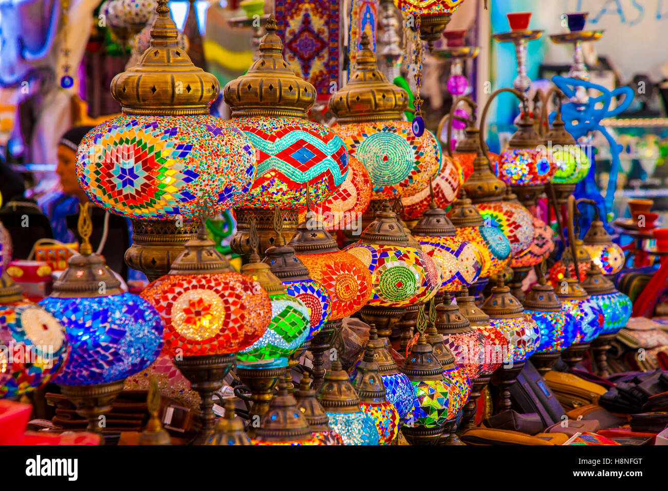 Display of Oriental lamps on a market stall, Seville, Spain. Stock Photo