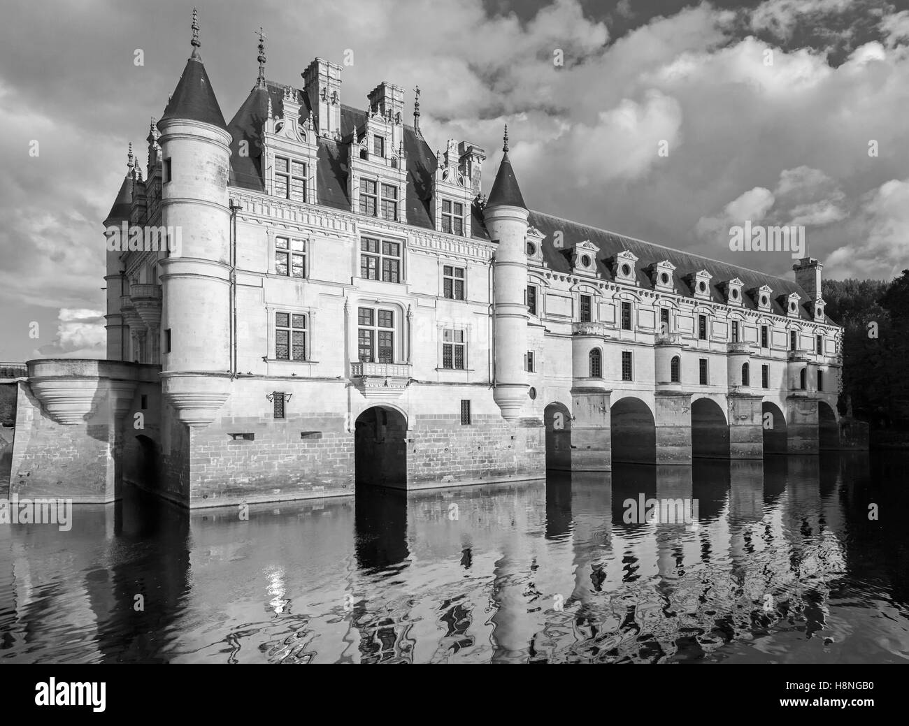 The Chateau de Chenonceau facade, medieval french castle in Loire Valley, France. It was built in 15-16 century, an architectura Stock Photo