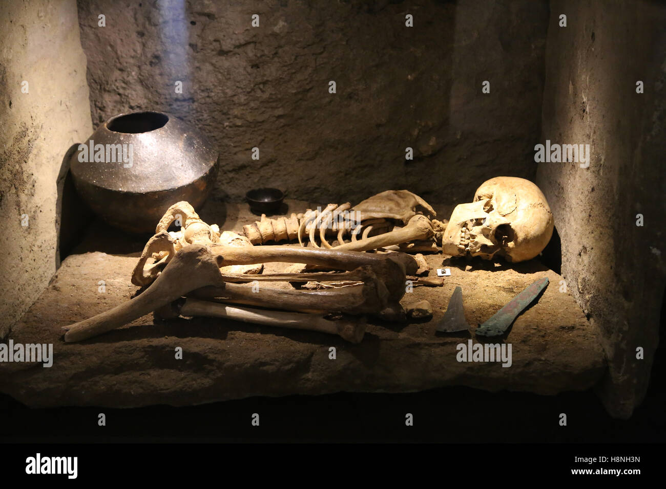Cist of Herrerias. Burial of man (weapons, silver ornament, vessel). Early Bronze Age. Iberia Mine, Almeria, Spain. Stock Photo