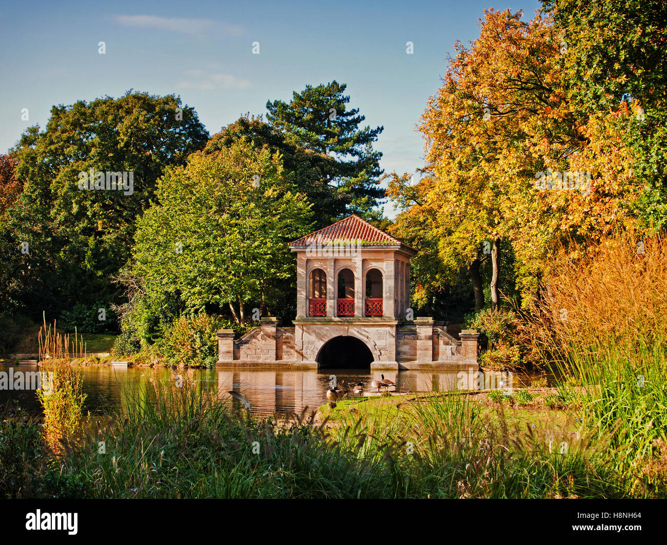 A scenic view of the boathouse, at Birkenhead Park, Wirral, Merseyside, UK Stock Photo