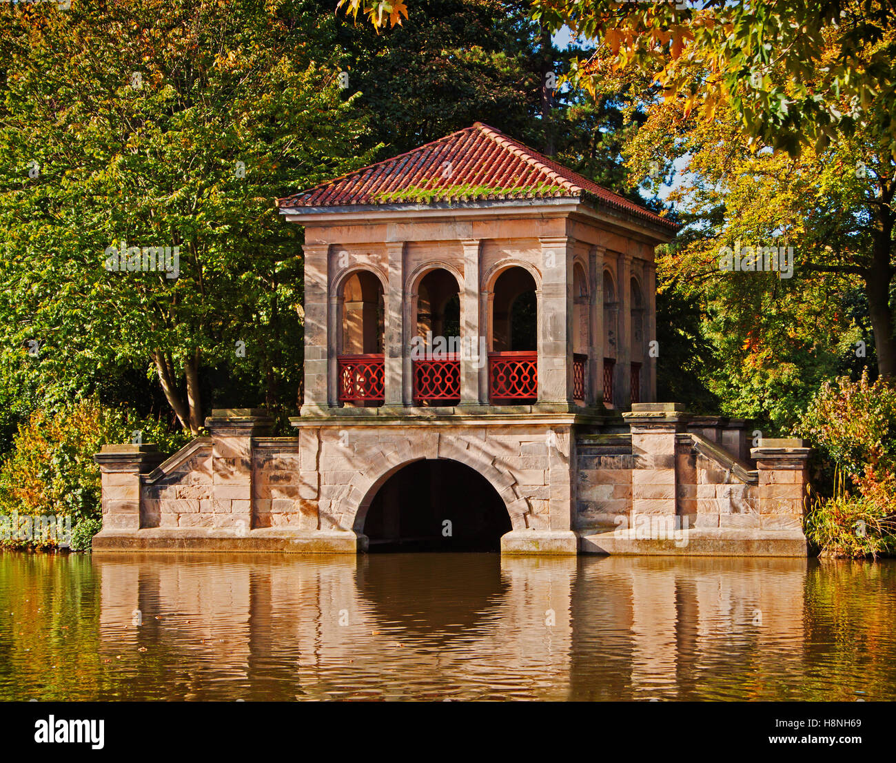 A close-up view of the boathouse, at Birkenhead Park Stock Photo
