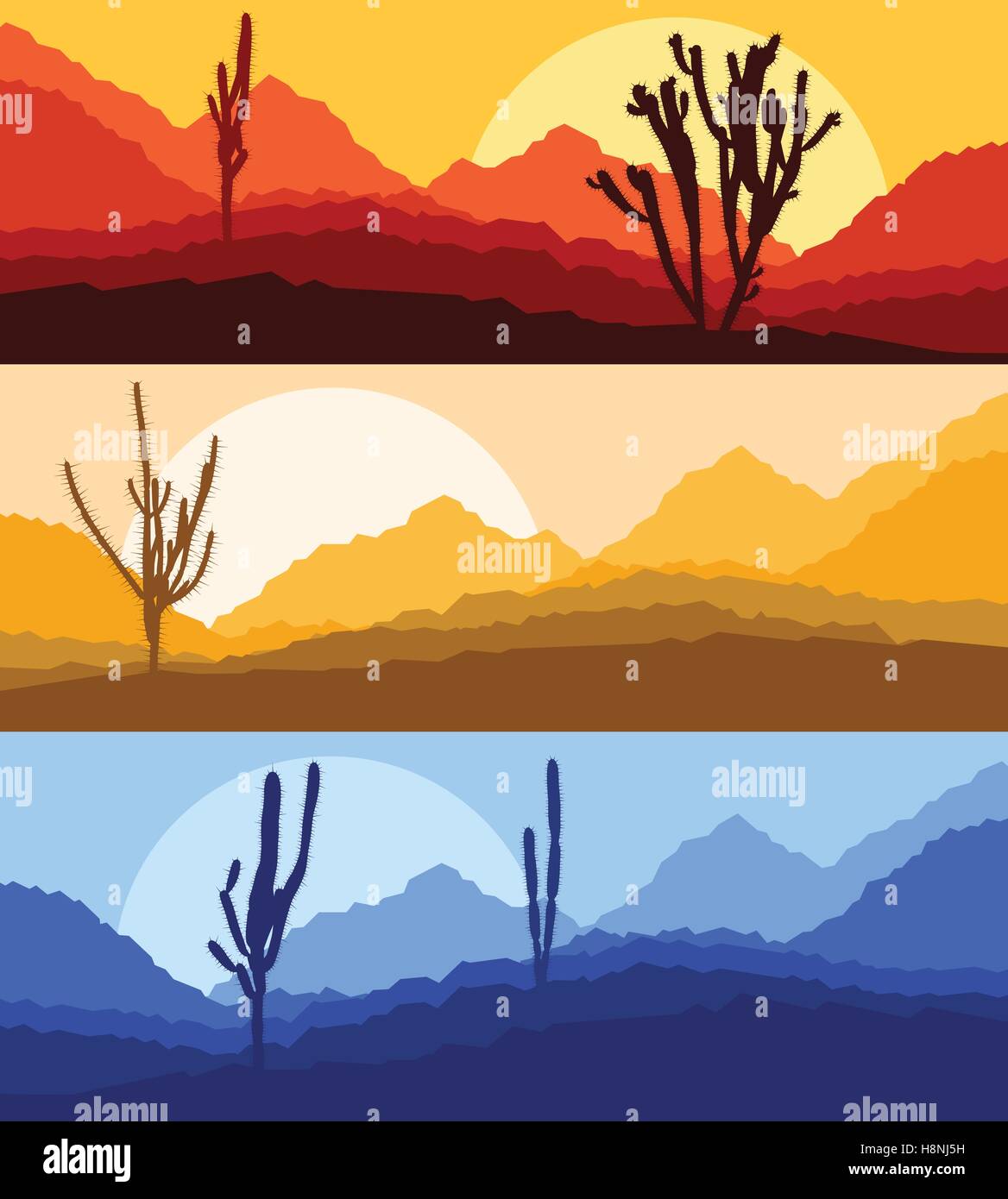 Cactus desert landscape vector background set with sunset and sunrise ...