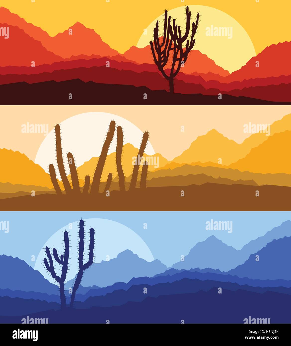 Cactus desert landscape vector background set with sunset and sunrise ...