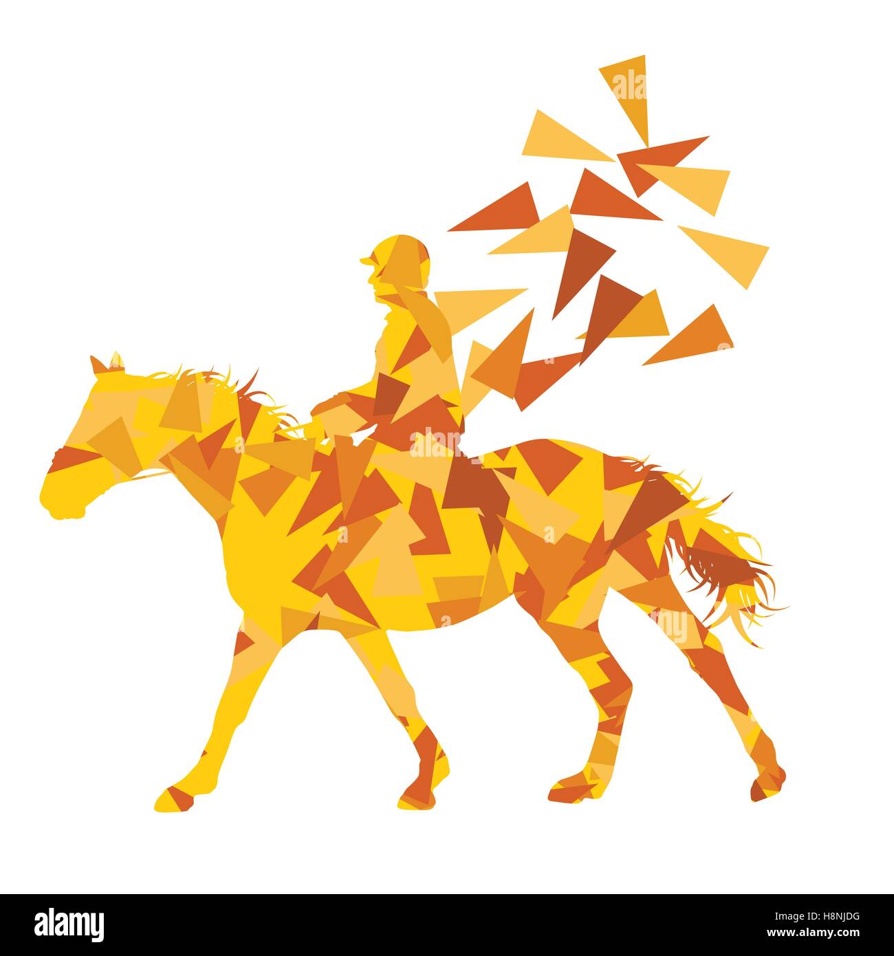 Horse riding vector background abstract illustration concept made of polygon fragments isolated on white Stock Vector