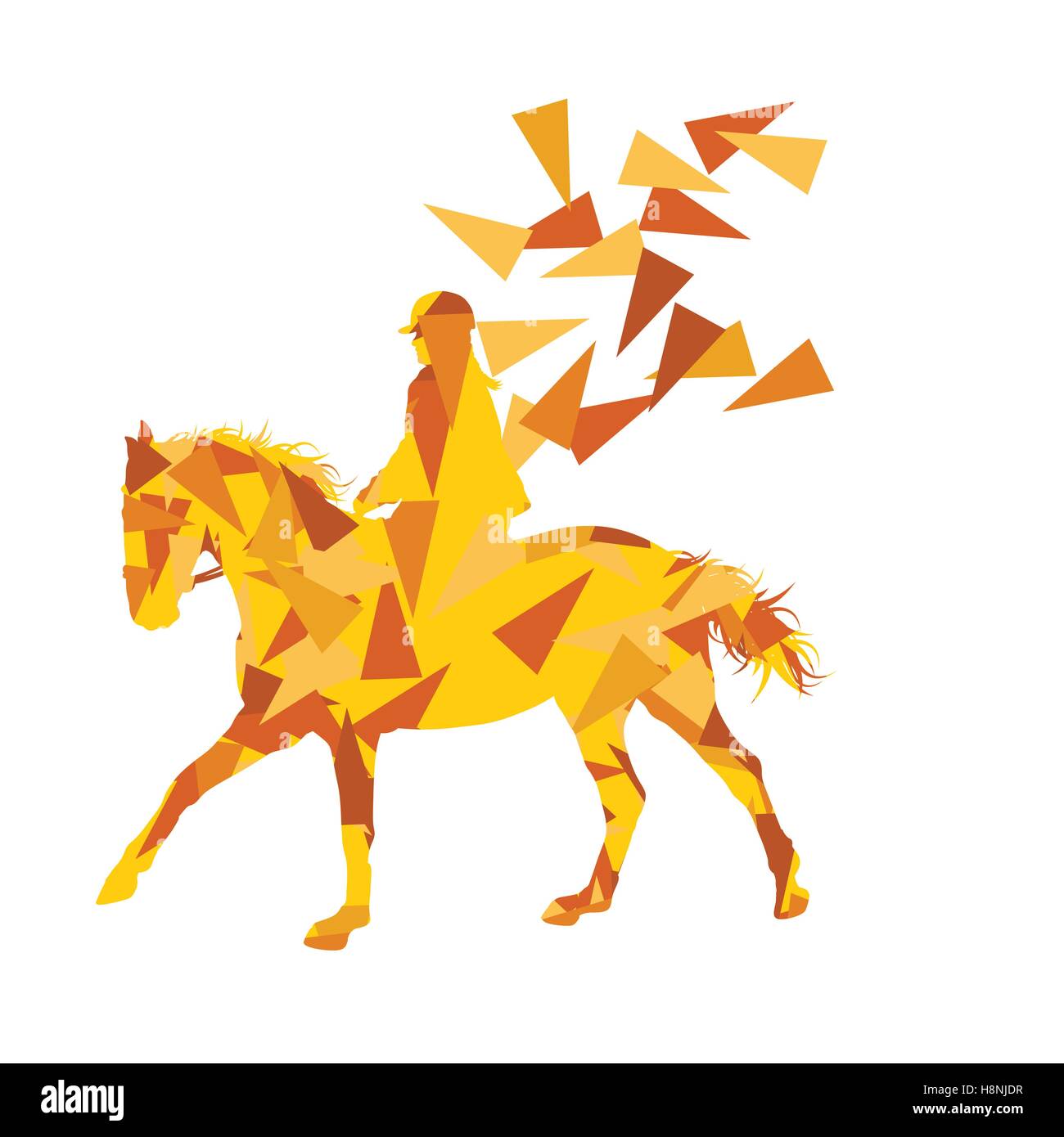 Horse riding vector background abstract illustration concept made of polygon fragments isolated on white Stock Vector