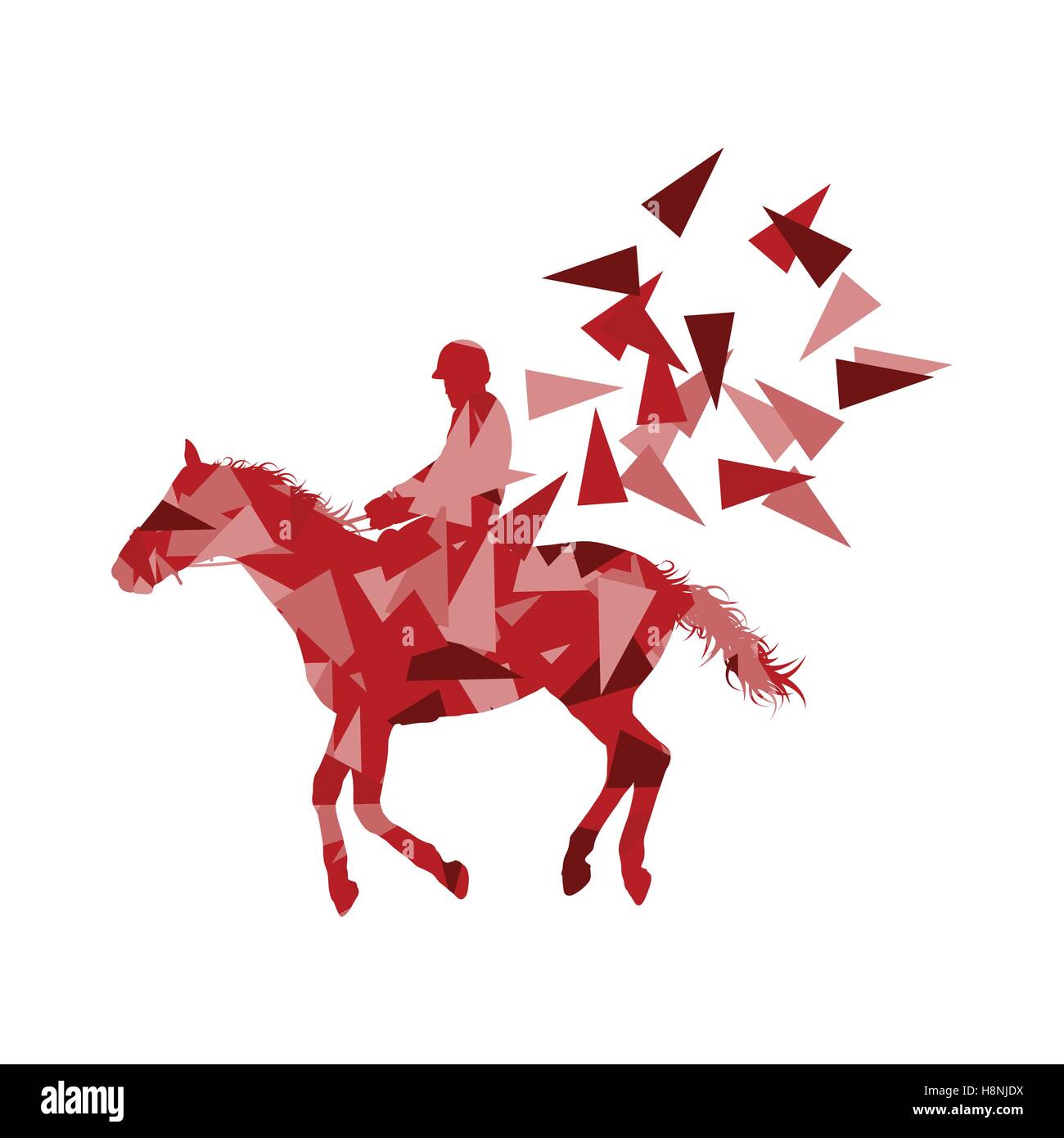 Horse riding vector background abstract illustration concept made of polygon fragments isolated on white Stock Vector