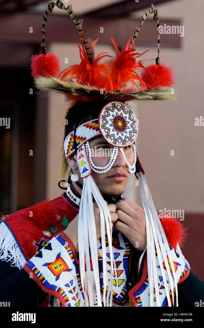 Santa Fe, New Mexico, United States. Native American male ties headress