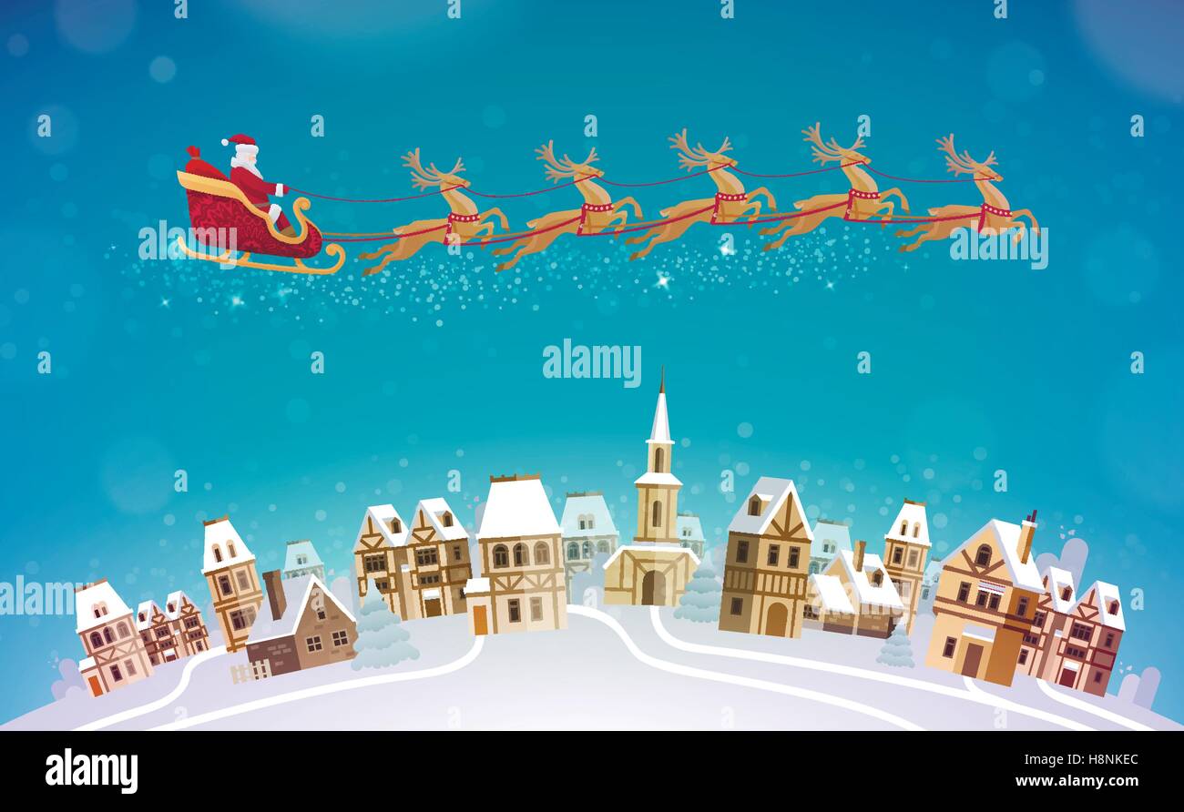 Christmas, vector. Santa Claus rides in sleigh pulled by reindeer over city Stock Vector