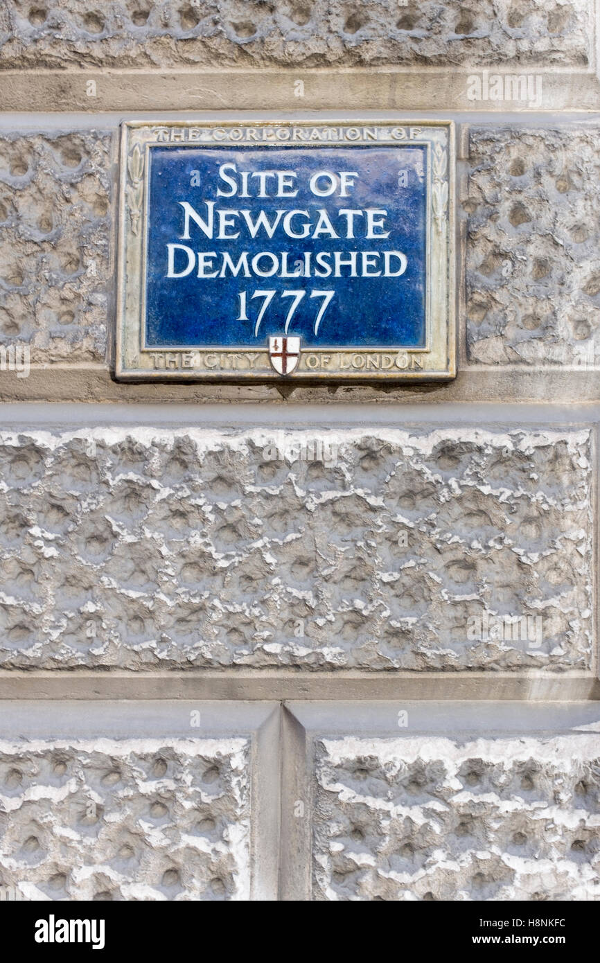 Blue wall plaque commemorating the site of Newgate prison, demolished in 1777, London. Stock Photo