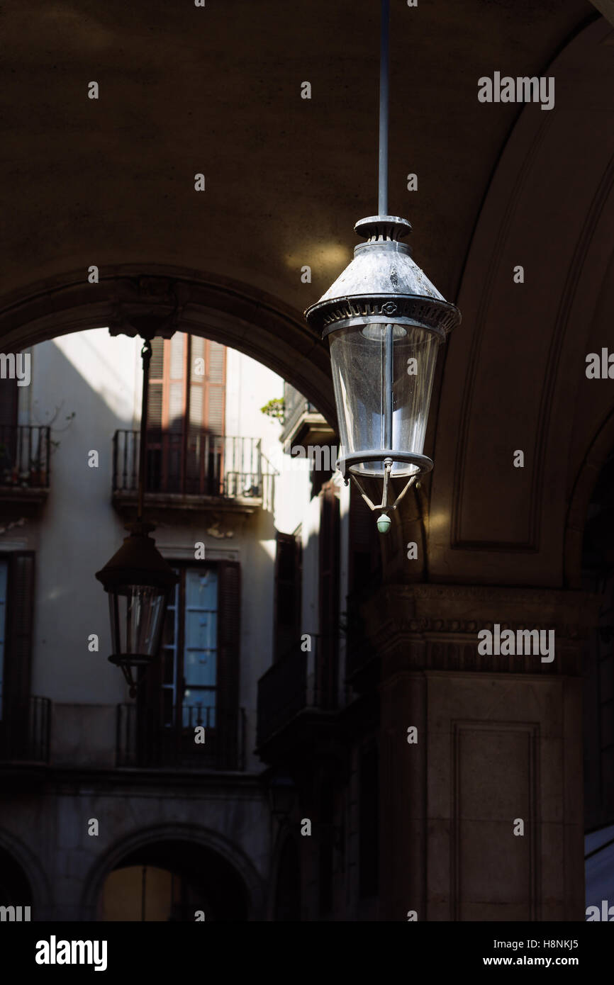 A street lamp hanging down in Barcelona, Spain. Stock Photo