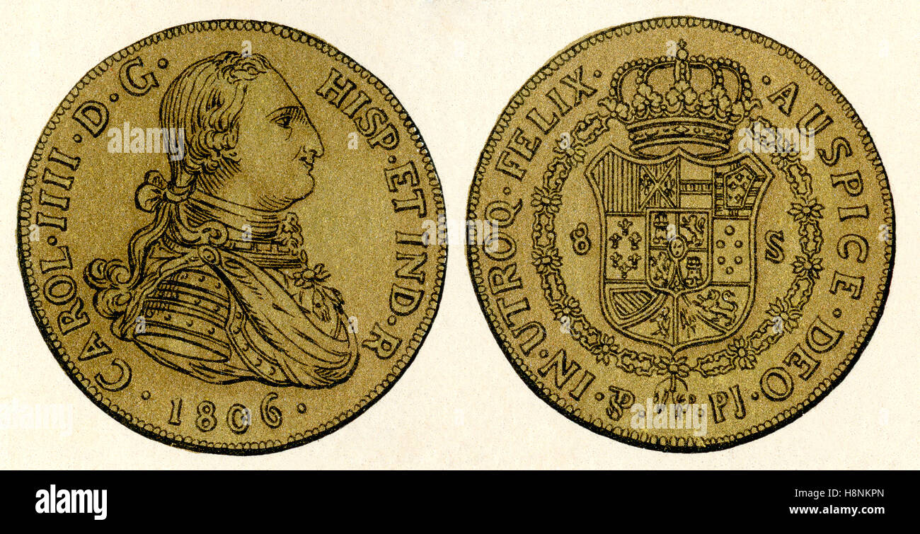 An 1806 Spanish gold 8-doubloon coin, or piece of eight, showing the head of the Spanish king Charles IV, 1748 – 1819. Stock Photo