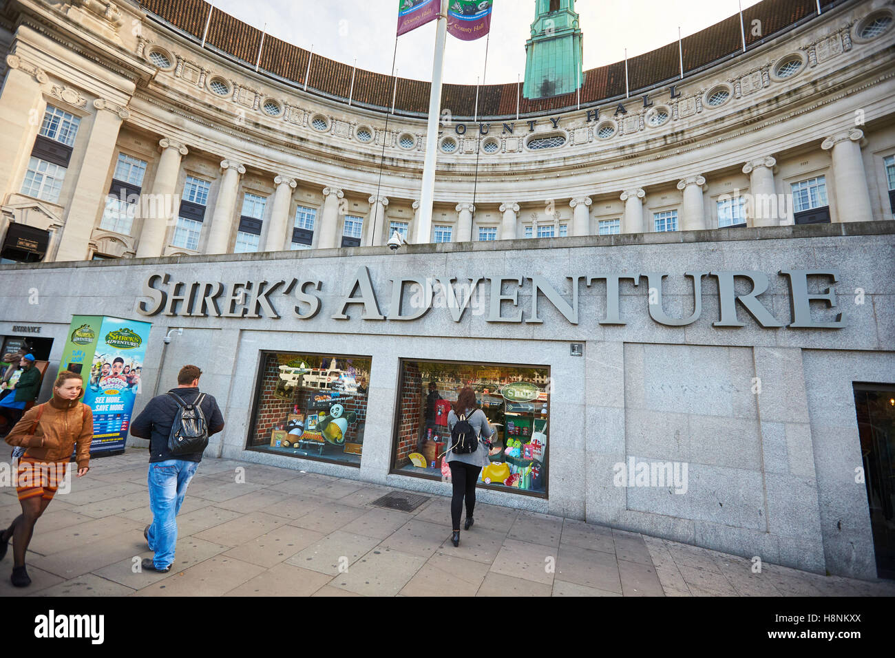 Shrek's Adventure tourist attraction at County Hall on London's South Bank Stock Photo