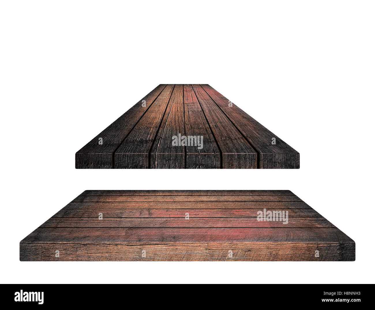 Empty brown wooden tabletop, vertical planks on white background Stock Photo
