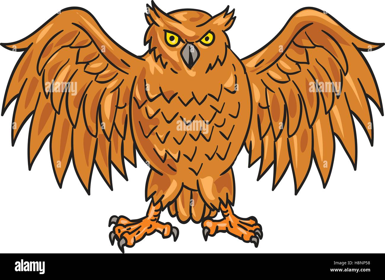 Drawing sketch style illustration of an angry owl facing front with spread wings set on isolated white background. Stock Vector