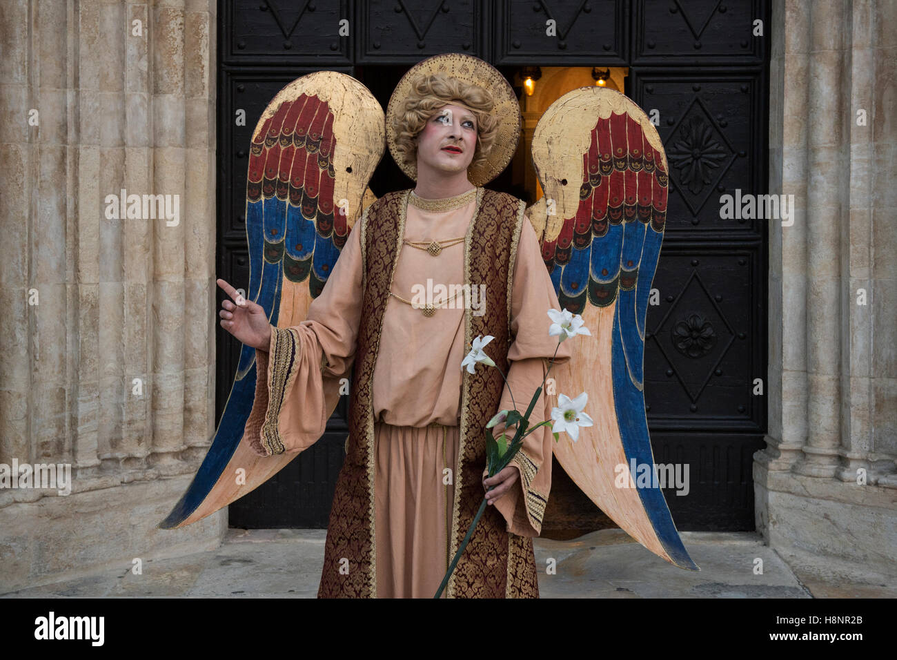 An Italian actor dressed up as St. Gabriel the Archangel. Spilimbergo, Friuli-Venezia Giulia, Italy. Stock Photo