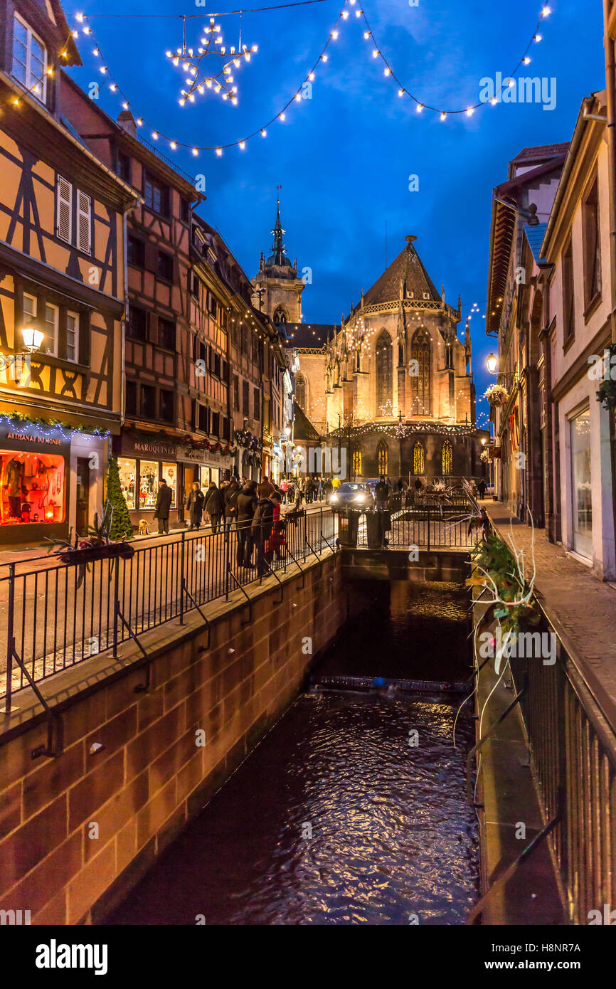 The center of Colmar at night, Christmastime, wine route, Alsace, Haut Rhin, France Stock Photo