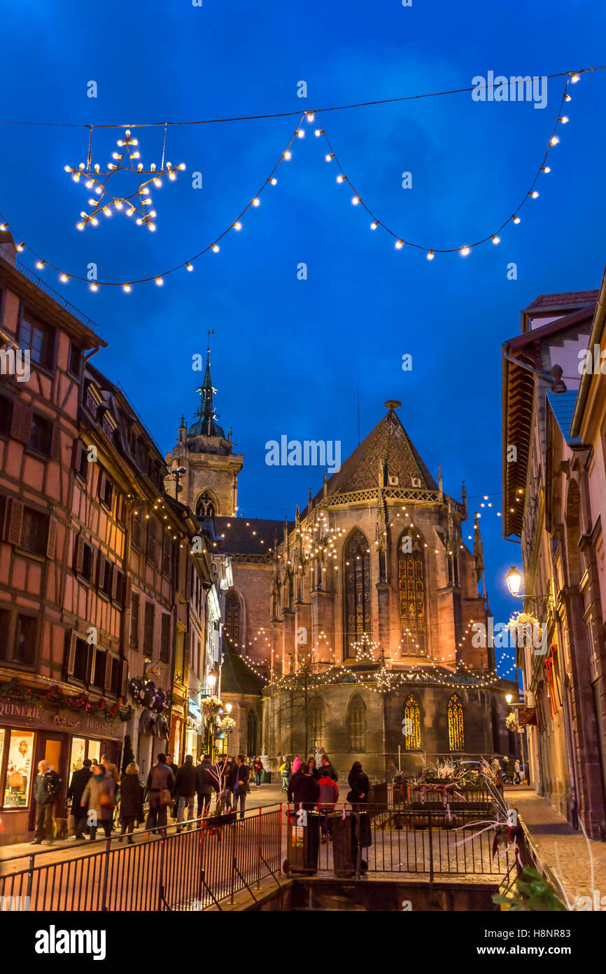 The center of Colmar at night, Christmastime, wine route, Alsace, Haut Rhin, France Stock Photo