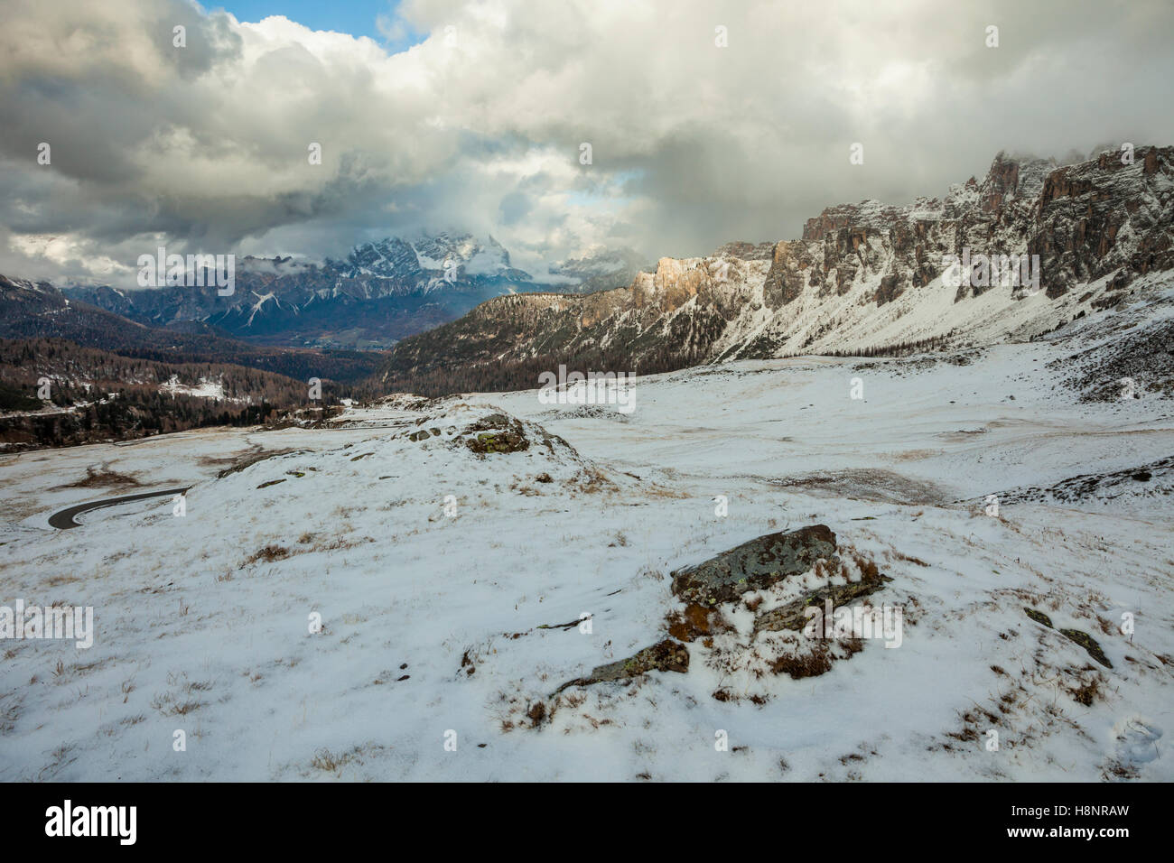 Early snow at Giau pass, Dolomites, Italy. Stock Photo