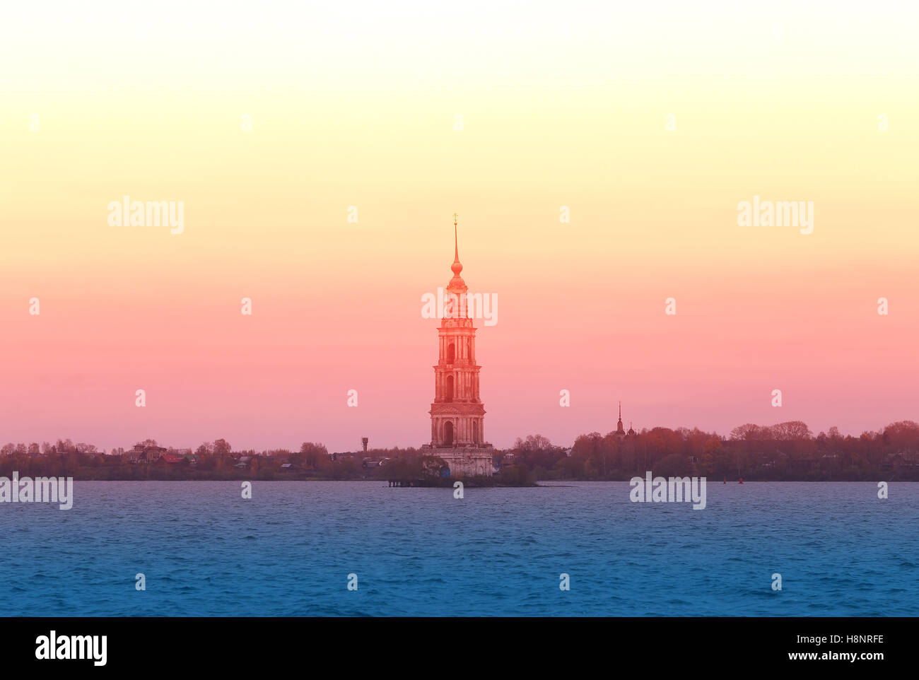 The beautiful scenery of the bell tower on the river Volga in the town of Kalyazin in Russia Stock Photo
