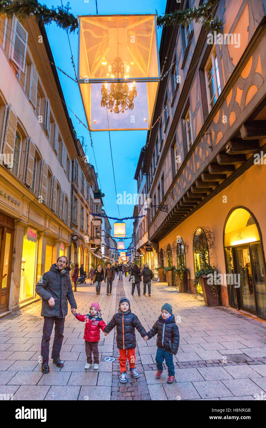 Christmas decorations on historic street, in the center of Strasbourg, wine route, Alsace, Bas-Rhin, France Stock Photo
